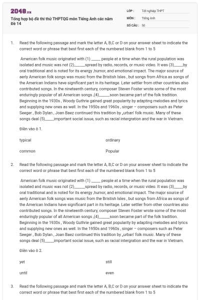 Tổng hợp bộ đề thi thử THPTQG môn Tiếng Anh các năm Đề 14