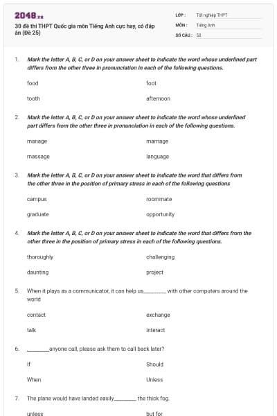 30 đề thi THPT Quốc gia môn Tiếng Anh cực hay, có đáp án (Đề 25)