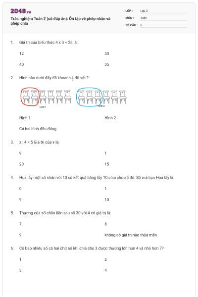 Trắc nghiệm Toán 2 (có đáp án): Ôn tập về phép nhân và phép chia