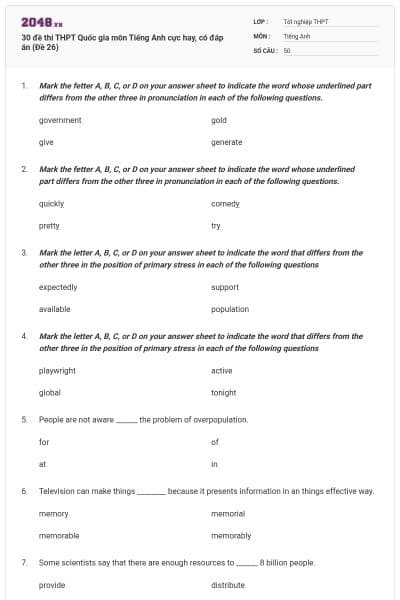 30 đề thi THPT Quốc gia môn Tiếng Anh cực hay, có đáp án (Đề 26)