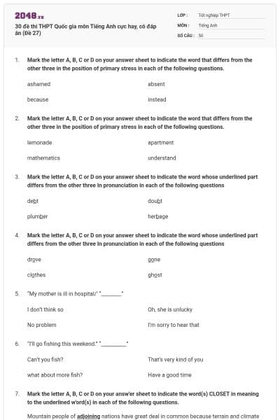 30 đề thi THPT Quốc gia môn Tiếng Anh cực hay, có đáp án (Đề 27)