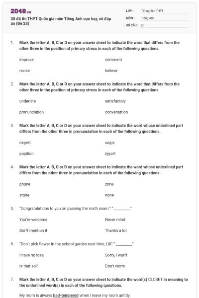 30 đề thi THPT Quốc gia môn Tiếng Anh cực hay, có đáp án (Đề 28)