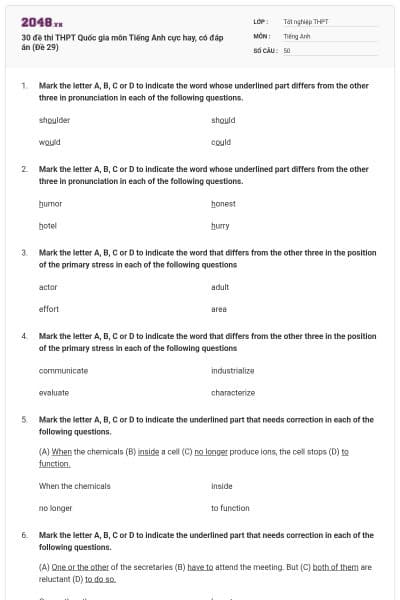 30 đề thi THPT Quốc gia môn Tiếng Anh cực hay, có đáp án (Đề 29)