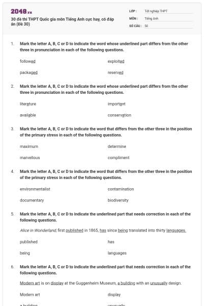 30 đề thi THPT Quốc gia môn Tiếng Anh cực hay, có đáp án (Đề 30)
