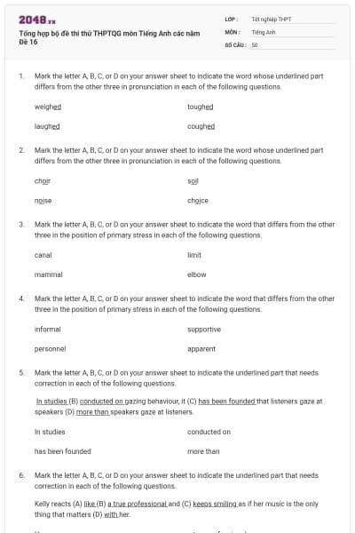 Tổng hợp bộ đề thi thử THPTQG môn Tiếng Anh các năm Đề 16