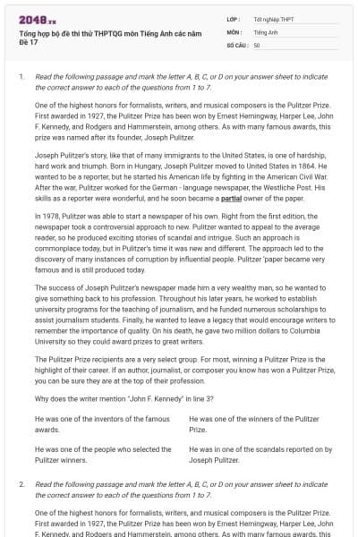 Tổng hợp bộ đề thi thử THPTQG môn Tiếng Anh các năm Đề 17