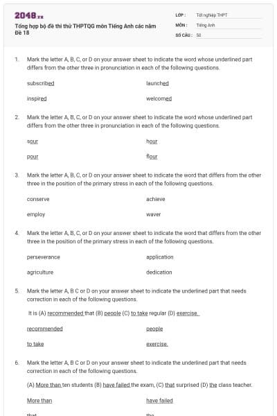Tổng hợp bộ đề thi thử THPTQG môn Tiếng Anh các năm Đề 18