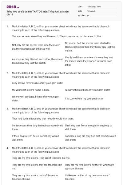 Tổng hợp bộ đề thi thử THPTQG môn Tiếng Anh các năm Đề 19