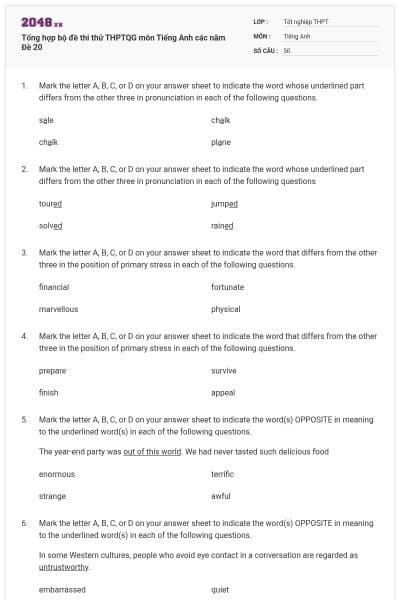 Tổng hợp bộ đề thi thử THPTQG môn Tiếng Anh các năm Đề 20