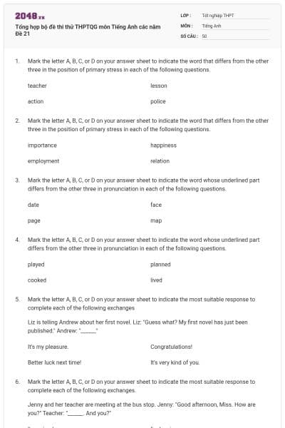 Tổng hợp bộ đề thi thử THPTQG môn Tiếng Anh các năm Đề 21