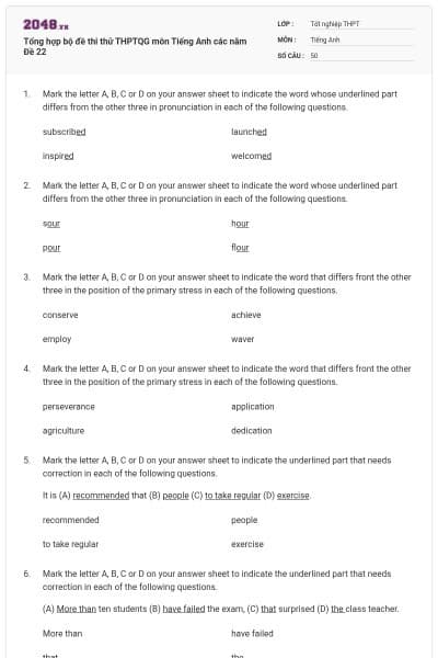 Tổng hợp bộ đề thi thử THPTQG môn Tiếng Anh các năm Đề 22