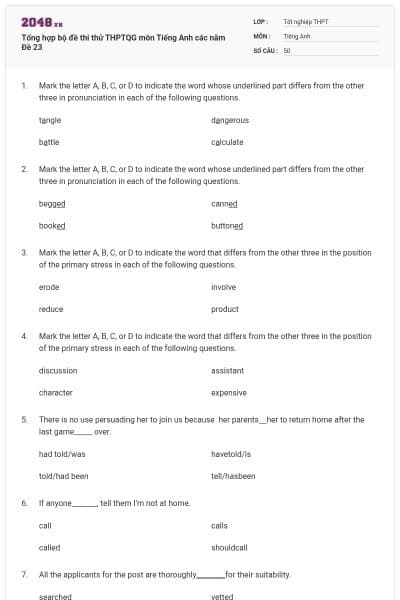 Tổng hợp bộ đề thi thử THPTQG môn Tiếng Anh các năm Đề 23