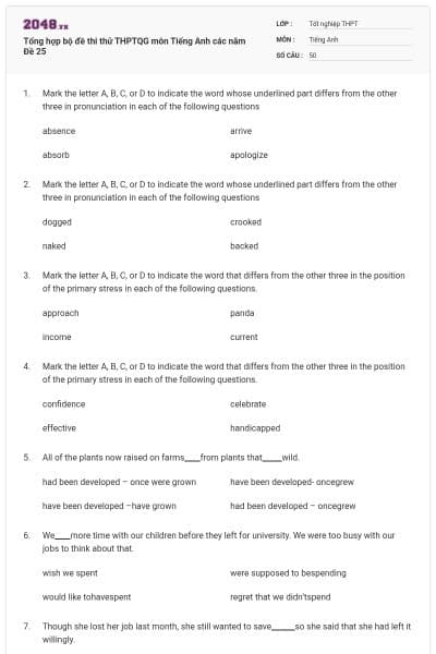 Tổng hợp bộ đề thi thử THPTQG môn Tiếng Anh các năm Đề 25