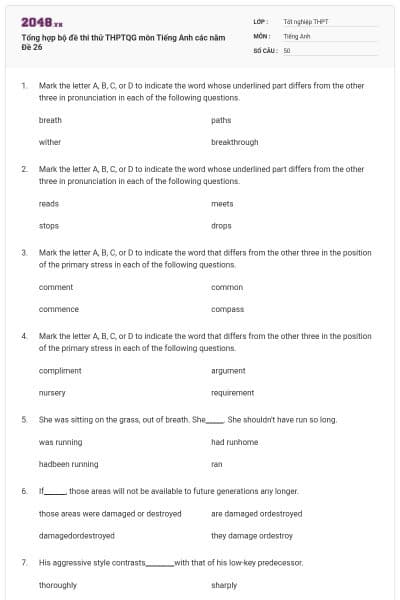 Tổng hợp bộ đề thi thử THPTQG môn Tiếng Anh các năm Đề 26