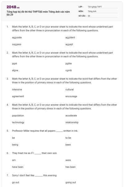 Tổng hợp bộ đề thi thử THPTQG môn Tiếng Anh các năm Đề 29
