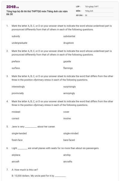 Tổng hợp bộ đề thi thử THPTQG môn Tiếng Anh các năm Đề 30