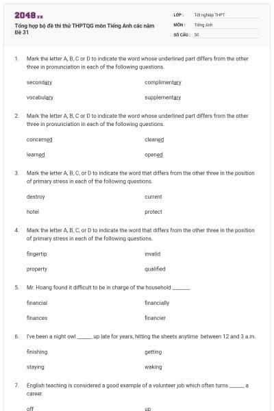 Tổng hợp bộ đề thi thử THPTQG môn Tiếng Anh các năm Đề 31