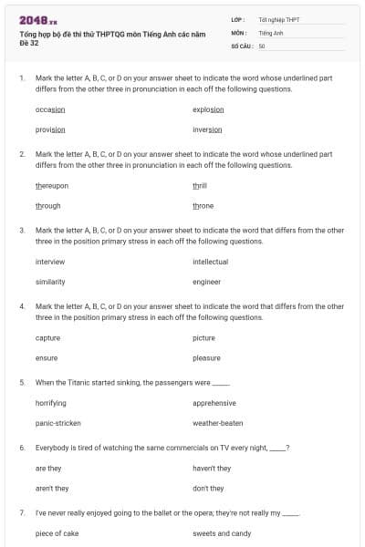 Tổng hợp bộ đề thi thử THPTQG môn Tiếng Anh các năm Đề 32