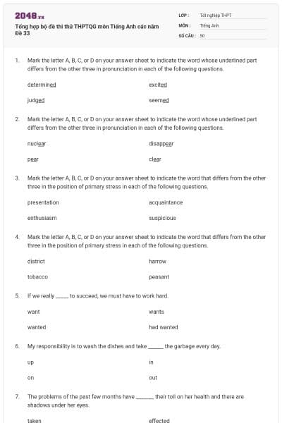 Tổng hợp bộ đề thi thử THPTQG môn Tiếng Anh các năm Đề 33