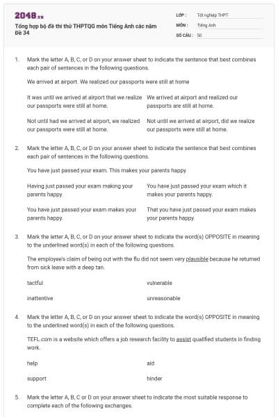 Tổng hợp bộ đề thi thử THPTQG môn Tiếng Anh các năm Đề 34