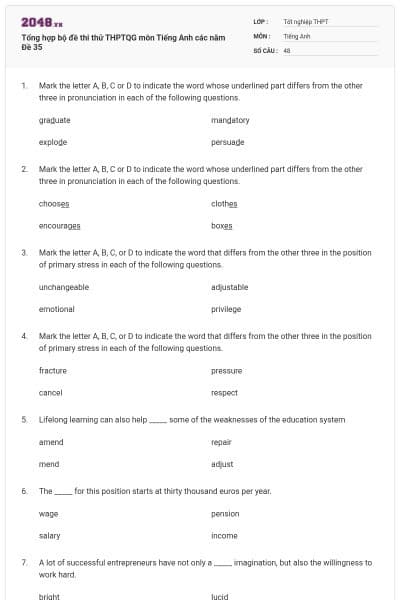 Tổng hợp bộ đề thi thử THPTQG môn Tiếng Anh các năm Đề 35