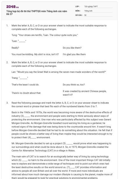 Tổng hợp bộ đề thi thử THPTQG môn Tiếng Anh các năm Đề 37