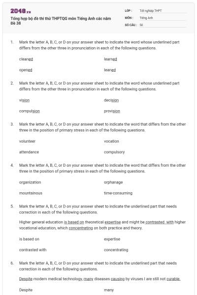 Tổng hợp bộ đề thi thử THPTQG môn Tiếng Anh các năm Đề 38