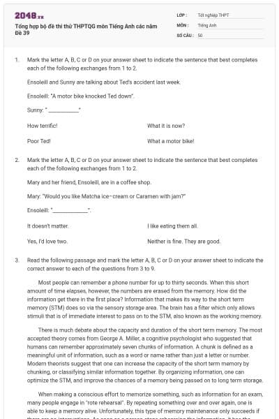 Tổng hợp bộ đề thi thử THPTQG môn Tiếng Anh các năm Đề 39