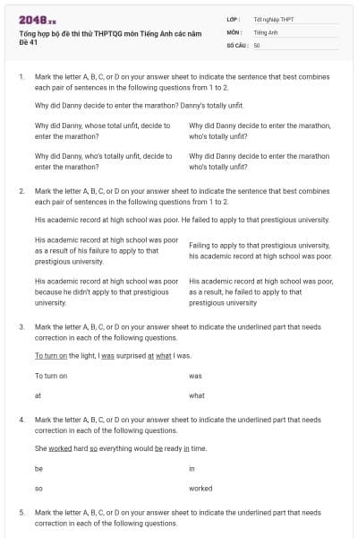 Tổng hợp bộ đề thi thử THPTQG môn Tiếng Anh các năm Đề 41