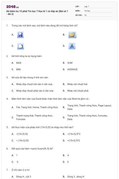 Đề kiểm tra 15 phút Tin học 7 Học kì 1 có đáp án (Bài số 1 - Đề 3)