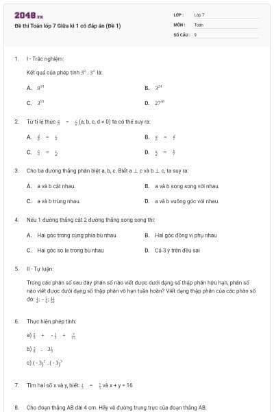 Đề thi Toán lớp 7 Giữa kì 1 có đáp án (Đề 1)