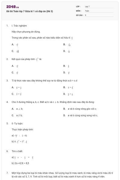 Đề thi Toán lớp 7 Giữa kì 1 có đáp án (Đề 3)