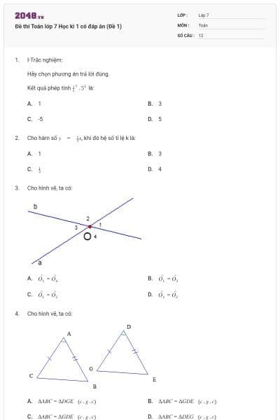 Đề thi Toán lớp 7 Học kì 1 có đáp án (Đề 1)