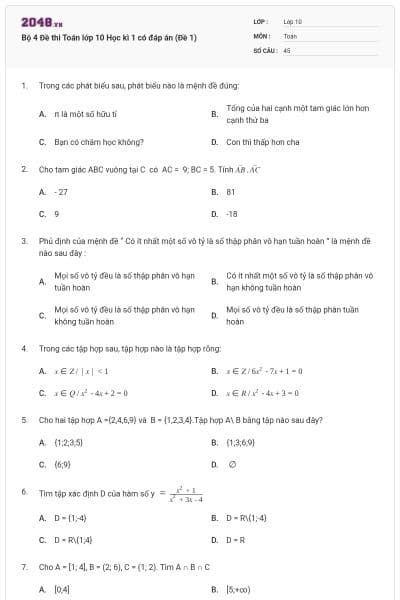 Bộ 4 Đề thi Toán lớp 10 Học kì 1 có đáp án (Đề 1)