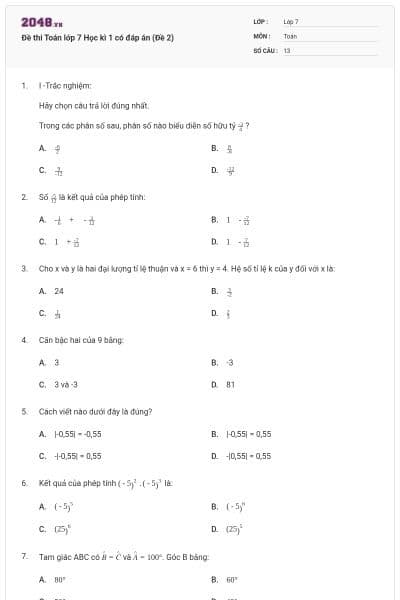 Đề thi Toán lớp 7 Học kì 1 có đáp án (Đề 2)