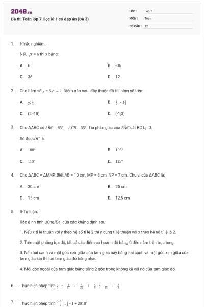 Đề thi Toán lớp 7 Học kì 1 có đáp án (Đề 3)