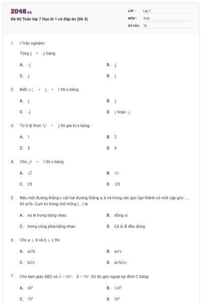 Đề thi Toán lớp 7 Học kì 1 có đáp án (Đề 4)