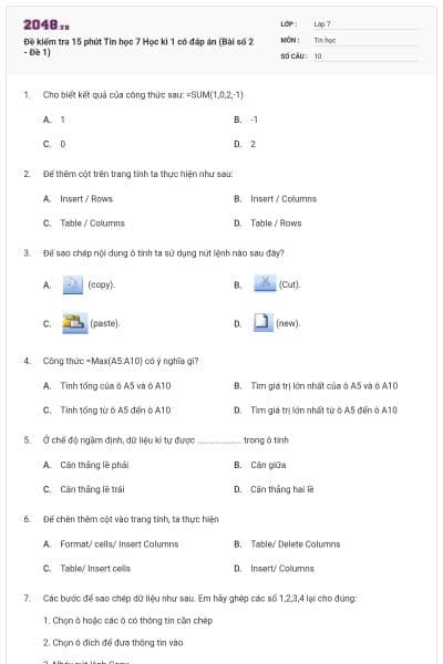 Đề kiểm tra 15 phút Tin học 7 Học kì 1 có đáp án (Bài số 2 - Đề 1)
