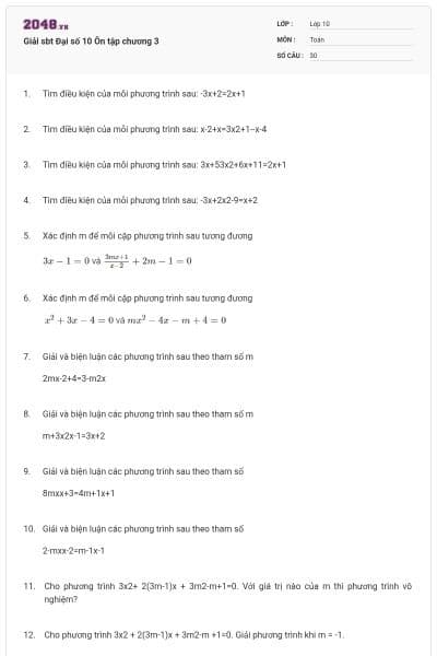 Giải sbt Đại số 10 Ôn tập chương 3