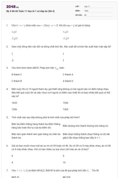 Bộ 4 Đề thi Toán 11 Học kì 1 có đáp án (Đề 4)
