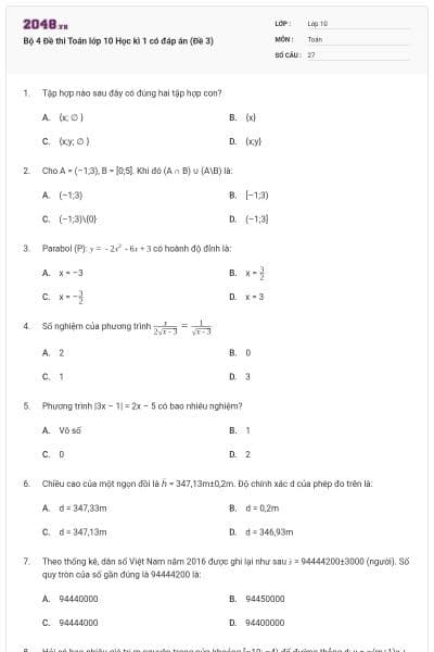Bộ 4 Đề thi Toán lớp 10 Học kì 1 có đáp án (Đề 3)