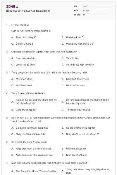 Đề thi Học kì 1 Tin học 7 có đáp án (Đề 2)
