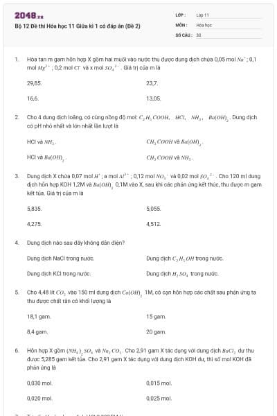 Bộ 12 Đề thi Hóa học 11 Giữa kì 1 có đáp án (Đề 2)