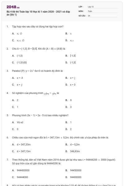 Bộ 4 Đề thi Toán lớp 10 Học kì 1 năm 2020 - 2021 có đáp án (Đề 1)