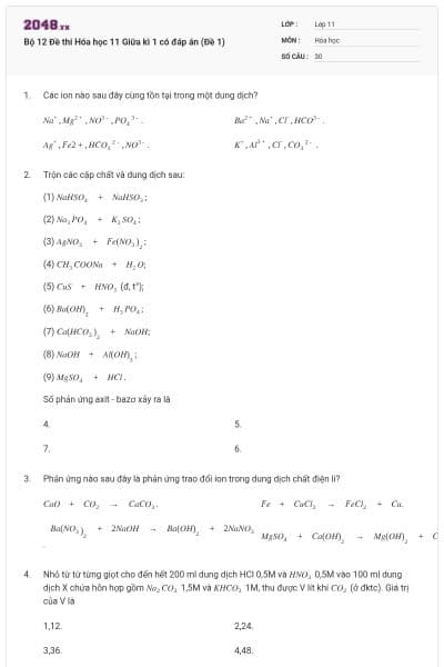Bộ 12 Đề thi Hóa học 11 Giữa kì 1 có đáp án (Đề 1)