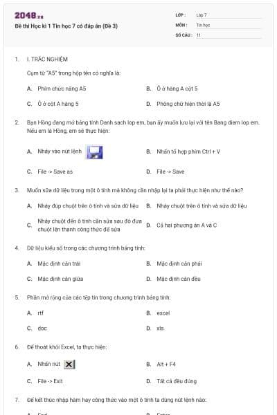 Đề thi Học kì 1 Tin học 7 có đáp án (Đề 3)