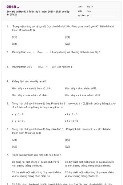 Bộ 4 Đề thi Học kì 1 Toán lớp 11 năm 2020 - 2021 có đáp án (Đề 2)