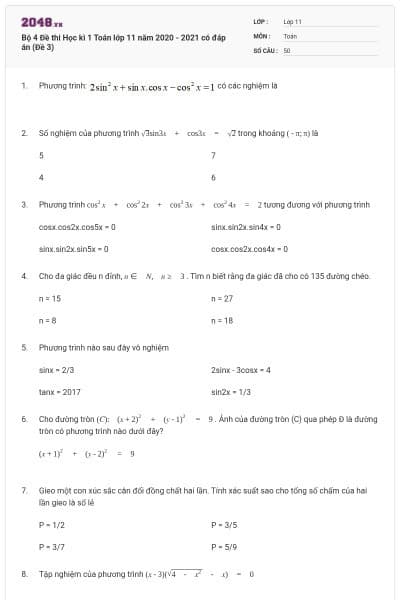 Bộ 4 Đề thi Học kì 1 Toán lớp 11 năm 2020 - 2021 có đáp án (Đề 3)