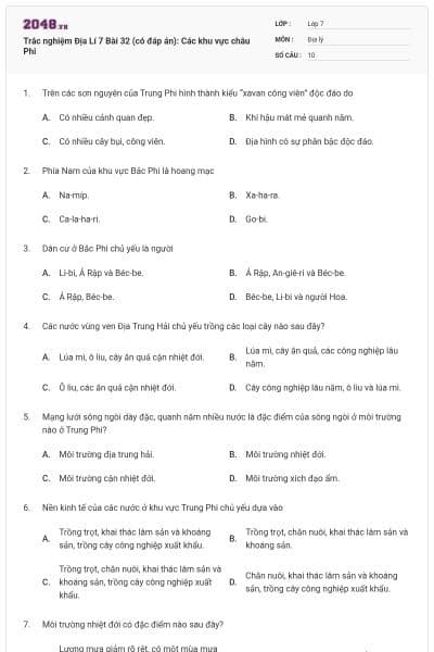 Trắc nghiệm Địa Lí 7 Bài 32 (có đáp án): Các khu vực châu Phi