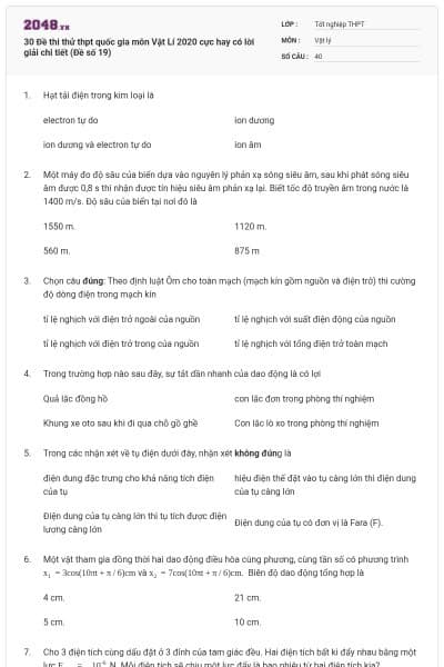 30 Đề thi thử thpt quốc gia môn Vật Lí 2020 cực hay có lời giải chi tiết (Đề số 19)
